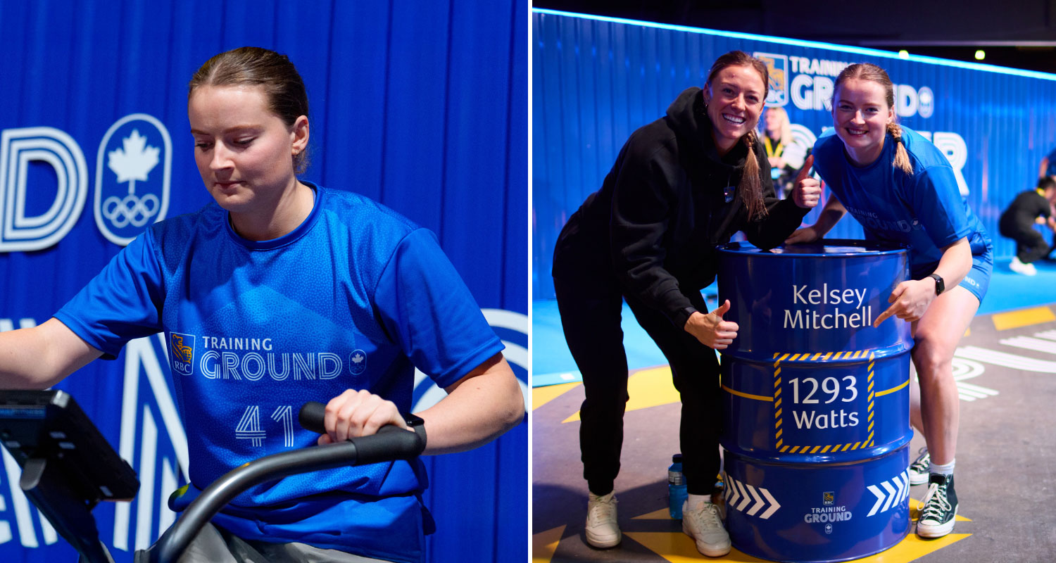 -Drue Nooyen, de Calgary, bat le record de finale nationale établi par la championne olympique Kelsey Mitchell sur le vélo de watt (à gauche) et a l’occasion de célébrer sa performance avec cette dernière.